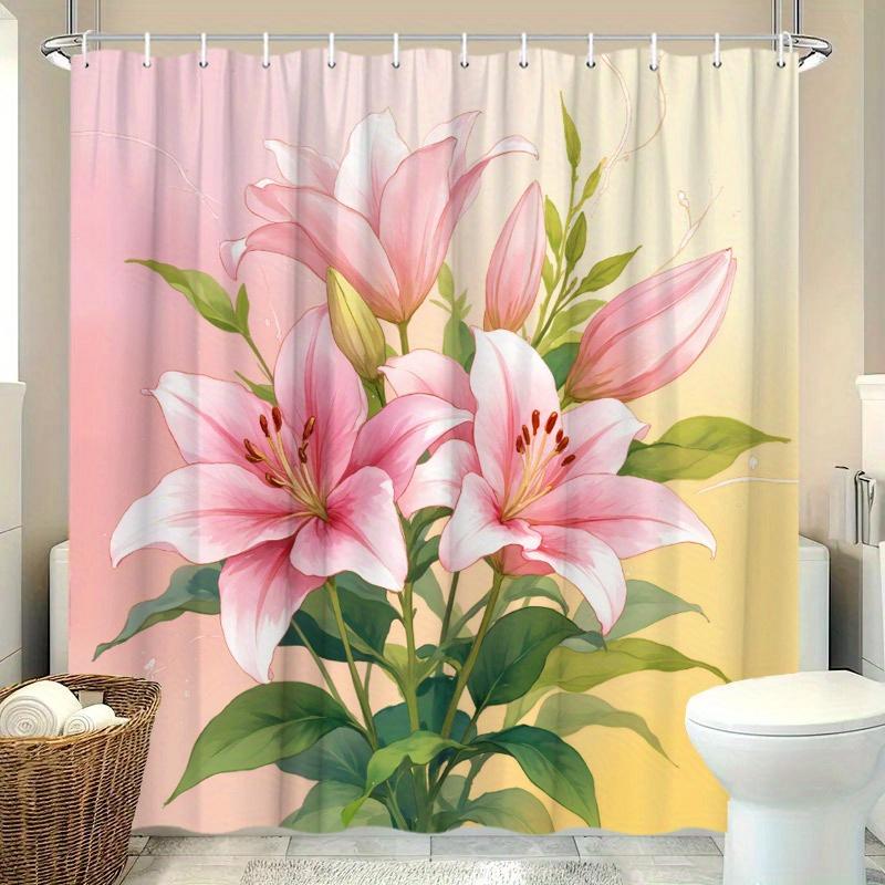 1pc Pink Lilies Shower Curtain - Lively Bouquet with Yellow Gradient, 70.8x70.8", 12 Hooks, Modern Floral Bathroom Decor