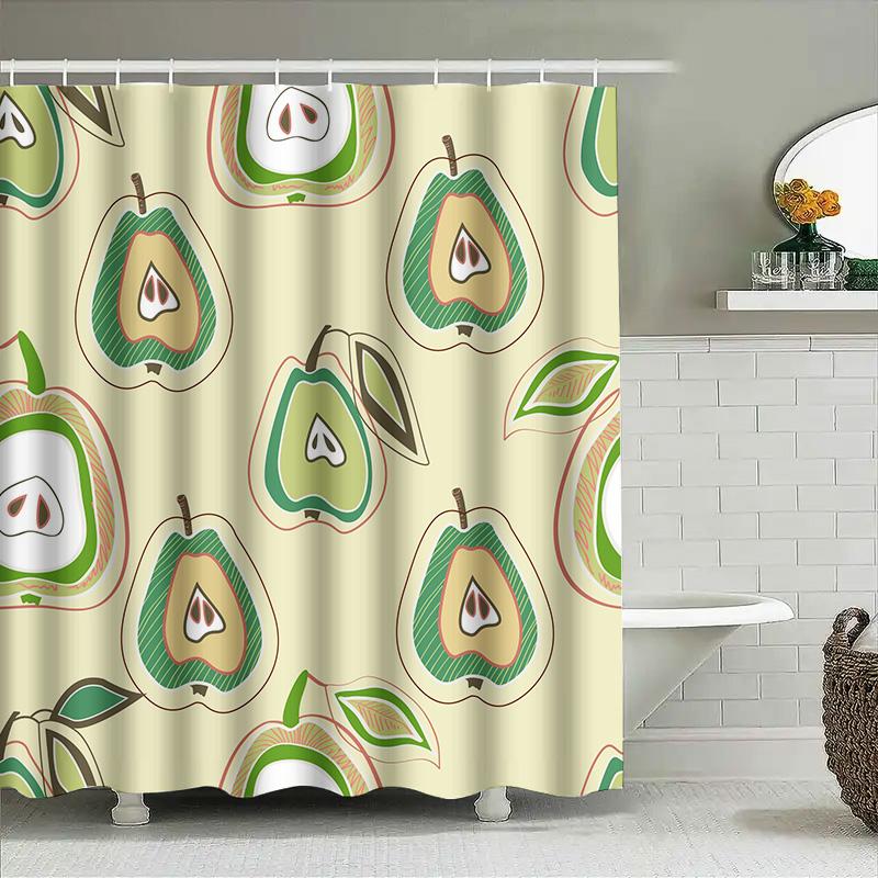 Fruit Pattern Shower Curtain SetModern Bath Decor with Pear Design Green Cream Colors (60 X 72) [Product CodeQ1458]