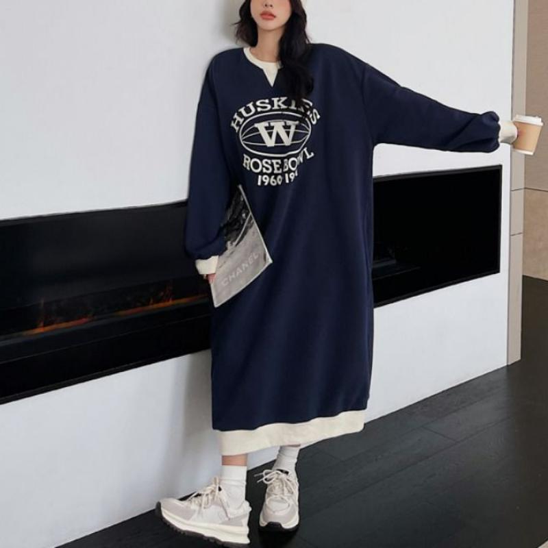 Autumn Winter Fashion Print Letter Fleece Long Dresses Women Round Neck Loose Casual Versatile Warm Simple Long Sleeve Dress