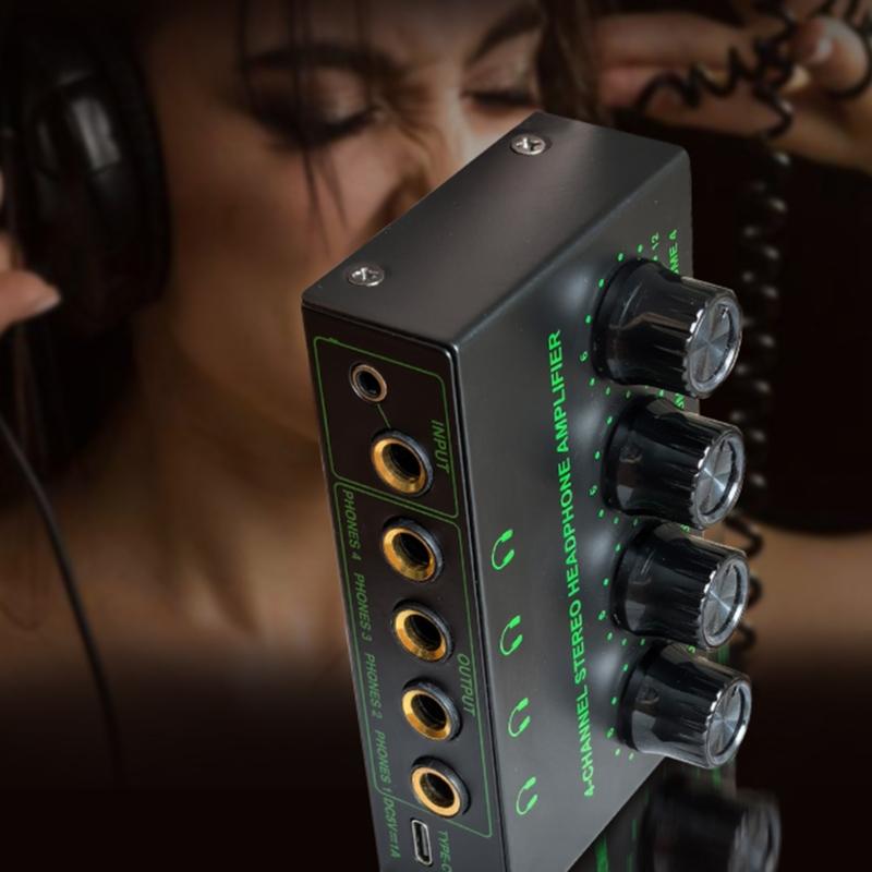 4 Channel Headphone Amplifier Portable Mini Earphone Splitter with Independent Control Low Noise Output for Studio Stage