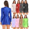 Glänzendes, langärmliges, figurbetontes Damenkleid, Nachtwäsche, einfarbig, glatt, dehnbar, eng anliegend, mit Stehkragen