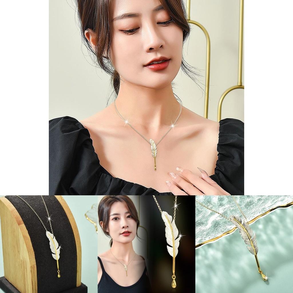 Elegant Titanium Steel Feather Pendant Necklace For Women With Dazzling Leaf Charm