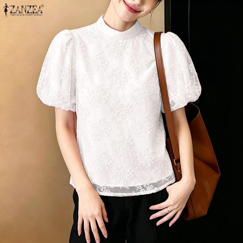 ZANZEA Women Stand Collar Loose Casual Lace Patchwork Short Sleeve Blouse