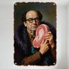 Vintage Distressed Metal Tin Sign, Surreal Oil Painting Man with Curly Hair Glasses Holding Raw Steak, Dark Starry Sky Backgroun