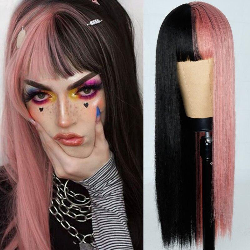 Japan Anime Cute Long Straight  Black Mixed Color Pink Cosplay Lolita Wig for Girls KTB