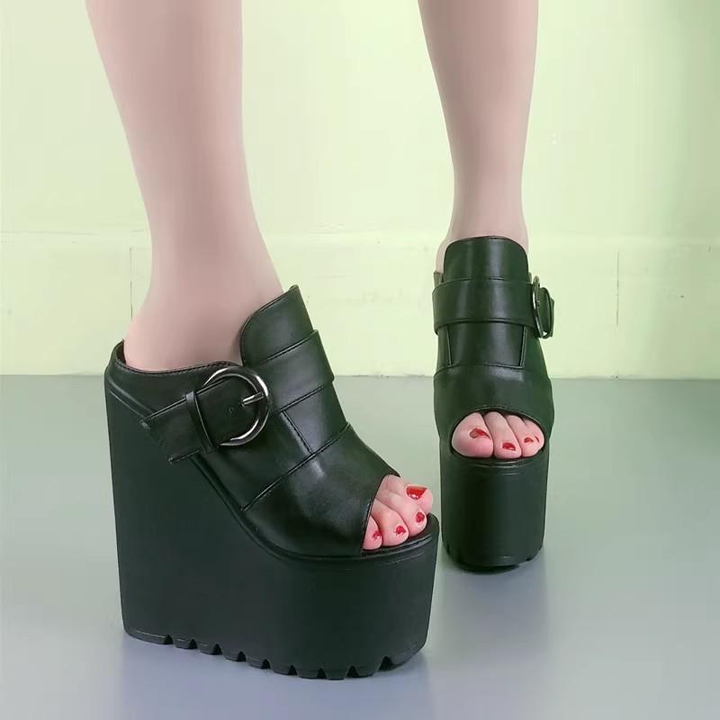 Modne 16CM Damskie Sandały na Platformie Wysokie Obcasy Koturn Otwarte Palce Wsuwane Bez Pięty Muły Letnie Kapcie Buty