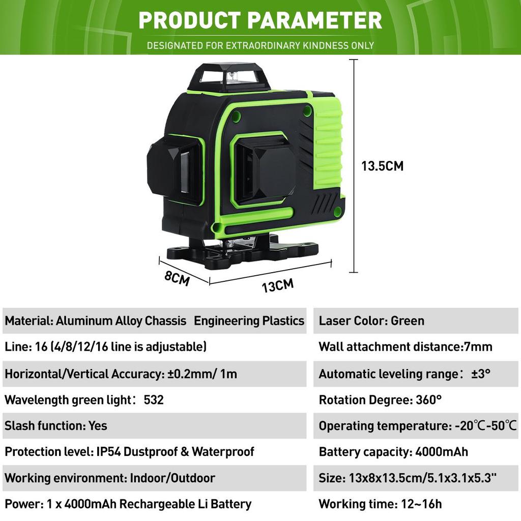 16 Line Laser Level Green Laser Level Line 4D Self-Leveling 360 Horizontal Vertical Cross Super Powerful Laser Level Remote Control 4000mAh Battery