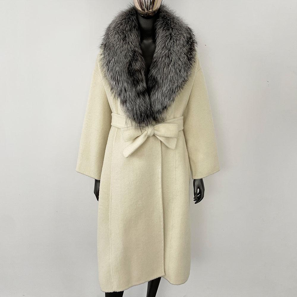 OFTBUY Kabát z pravé kožešiny 2024 Nadměrný dámský svrchní oděv Zimní dámská bunda s límcem z přírodní liščí kožešiny Kapuce Kašmírová vlněná směs Kabát