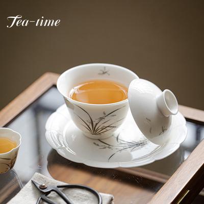 140ml Under Glazed Hand Painted Orchid Tea Tureen Single Cup Ceramic Simple Teacups White Porcelain Cover Bowl Kung Fu Tea Set