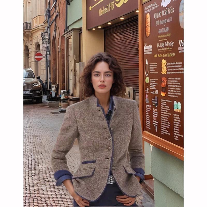 Single Slim Jacket Turtleneck Long Sleeved Coat Winter Elegant Pocket Short Outwear