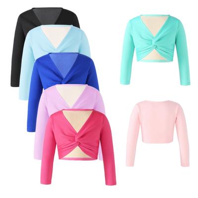 Capispalla a maniche lunghe sul davanti stile ruch con nodo per bambina, costume da ballo, abbigliamento casual, top corto