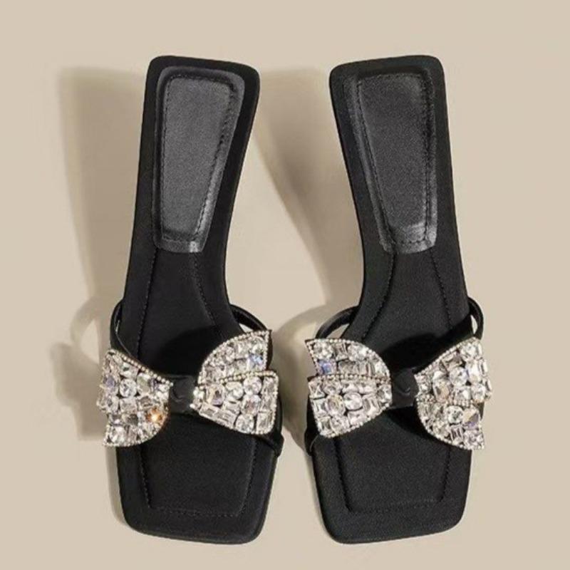 Yaz Yeni Stiletto Sandalet Kare Burun Açık Burun Payetli Kelebek Düğüm İnce Askılı Kaymaz Aşınmaya Dayanıklı Yüksek Topuklu Terlikler