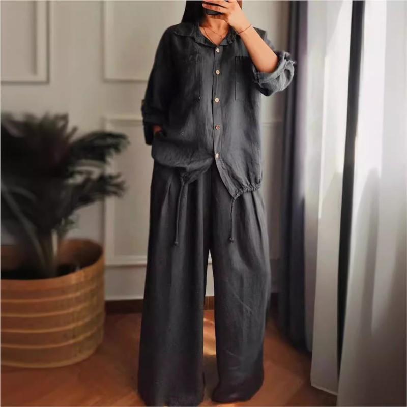 Women's Spring Casual Loose Cotton Linen Solid Shirt Wide Leg Pants 2-piece Set White Button Top Trousers Two Pieces Suits Women