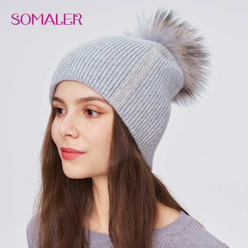 SOMALER Women Winter Fur Pom Pom Hat Wool Knit Beanie Hat With Rhinestone Warm Double Layer Luxury Fur Bobble Outdoor Cap