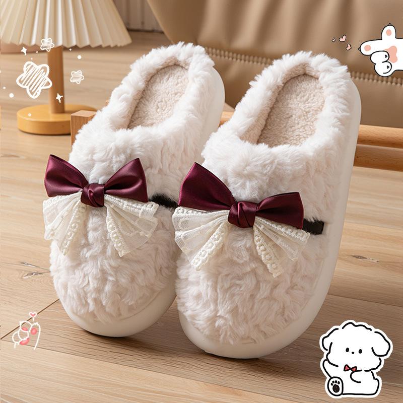 Bow-tie fluffy slippers  new autumn and winter home interior piled thickened warm non-slip cotton drag men