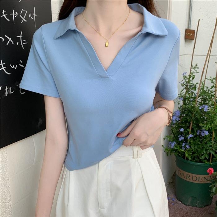 Special Cotton Elastane Polo Short-sleeved T-shirt Women's Summer Slim V-neck Solid Color Short Sweet and Spicy Top