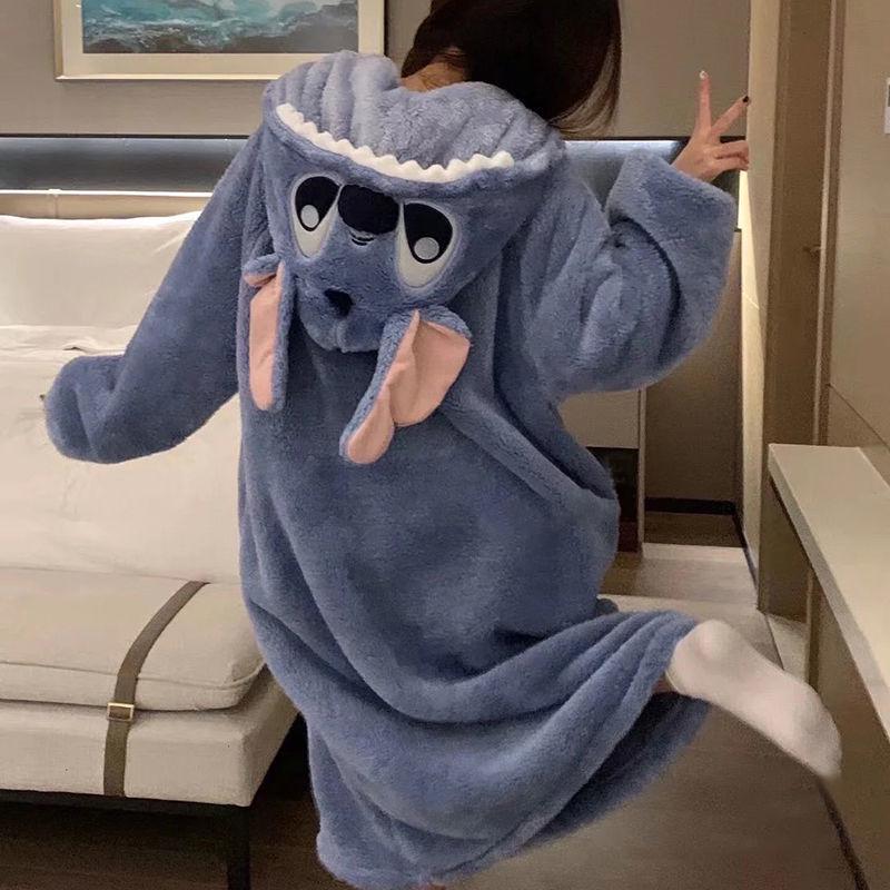 Stitch Cartoon Couple Pajamas - Autumn Winter Coral Fleece Long Robe Set for Men and Women