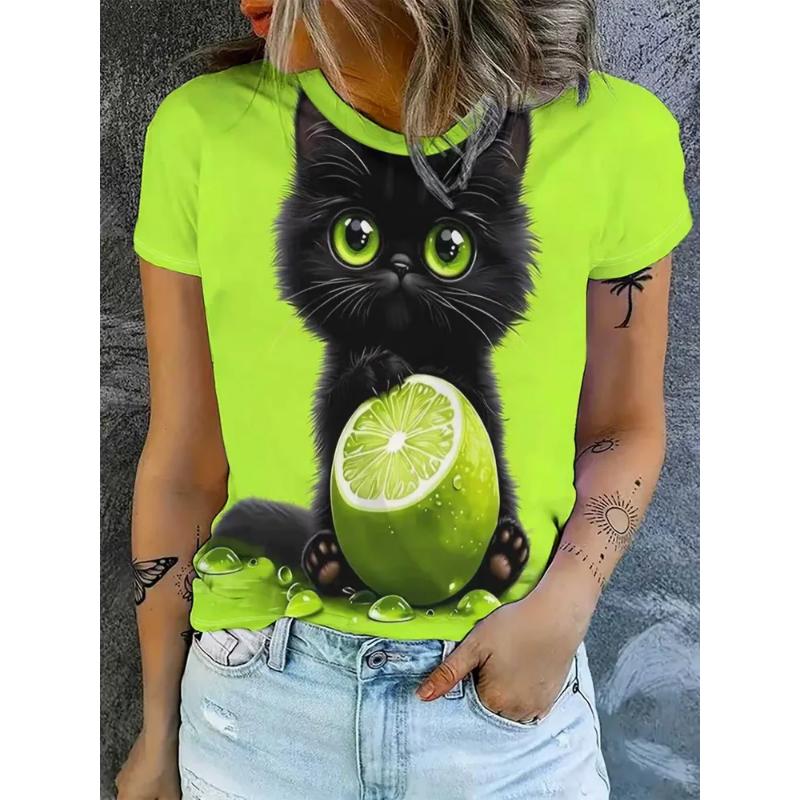 Crew Neck T-Shirt Fashion Women's Animal Short Sleeve 3D Animal Color Printing Crew Neck Short Sleeve