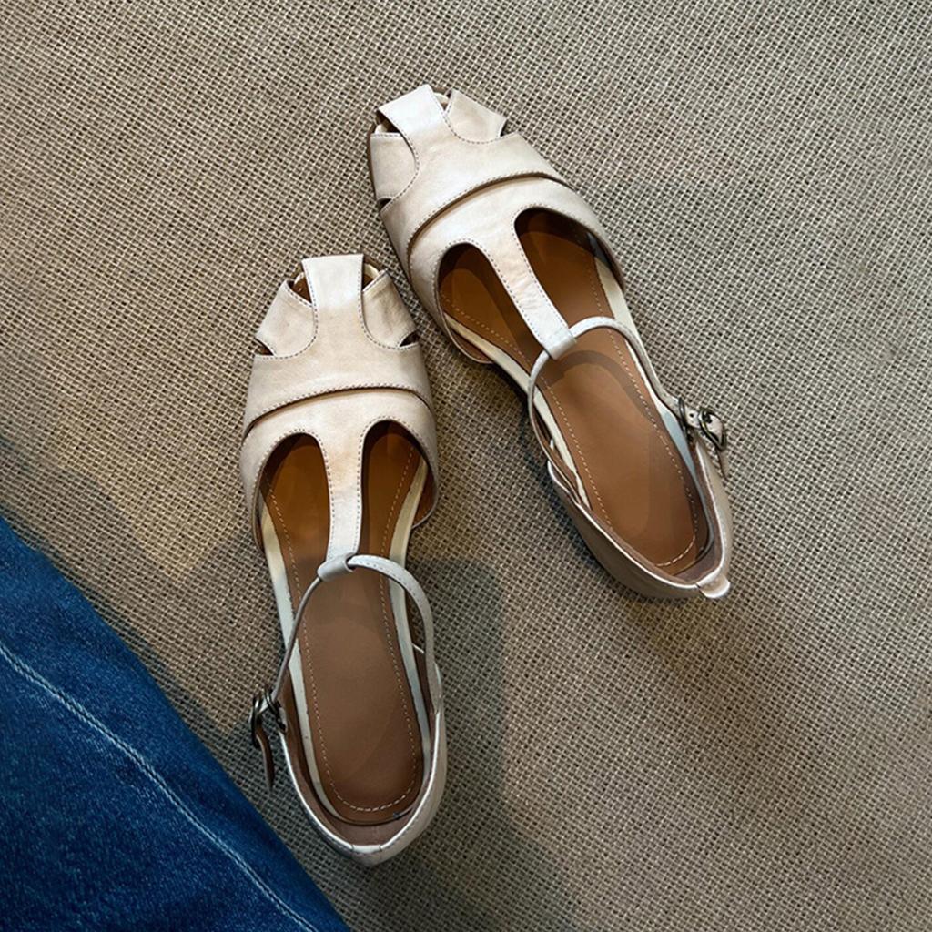 Sheepskin version~ retro round head hollow summer woven sandals women's one-word with hollow thick heel literary style bag head shoes