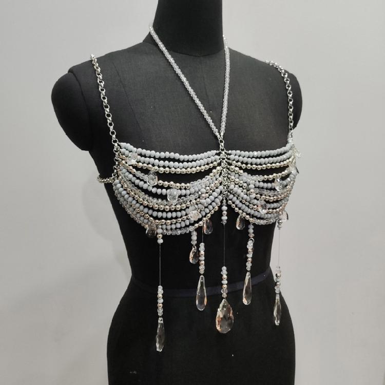 Crystal Beaded Tassels Layered Necklace Halter Neck Chest Chain Shimmering Body Jewelry Camisole Bralette For Women