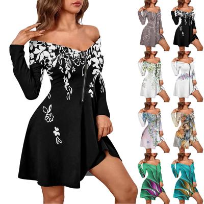 Women's Casual Fashion Long Sleeve Print Zipper Sexy Off-Shoulder Dresss