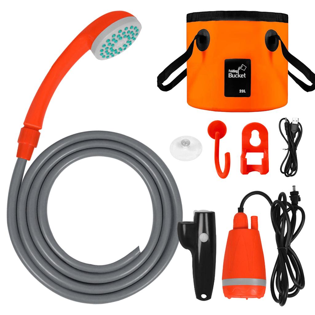 Kit de douche portable d'extérieur pour camping avec débit d'eau de 2,5-3,5 L/min, tuyau de 2 m, chargement USB, autonomie de 30-60 minutes, douche de camping