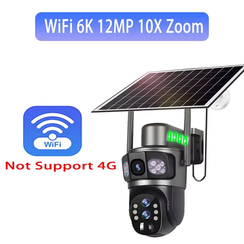 Solarbetriebene Überwachungskamera für den Außenbereich, WiFi, 6K, kabellos, 10-facher Zoom, drei Objektive, 12MP, 360°-Kameras, automatisches Tracking, CCTV-IP-Sicherheitskamera V380