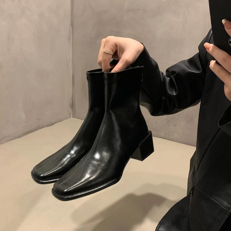 Fashion Vintage Winter Square Toe Women Ankle Boots Fashion Zippers Short Booties Designer Thick Heels Botas De Mujer