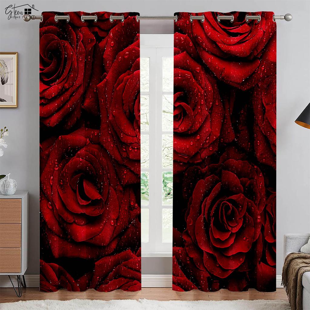 Retro Red Rose 3d Print Drapes Polyester Fiber Curtains Suitable For Bedroom Living Room Study Room Decorative Curtains 2 PCS