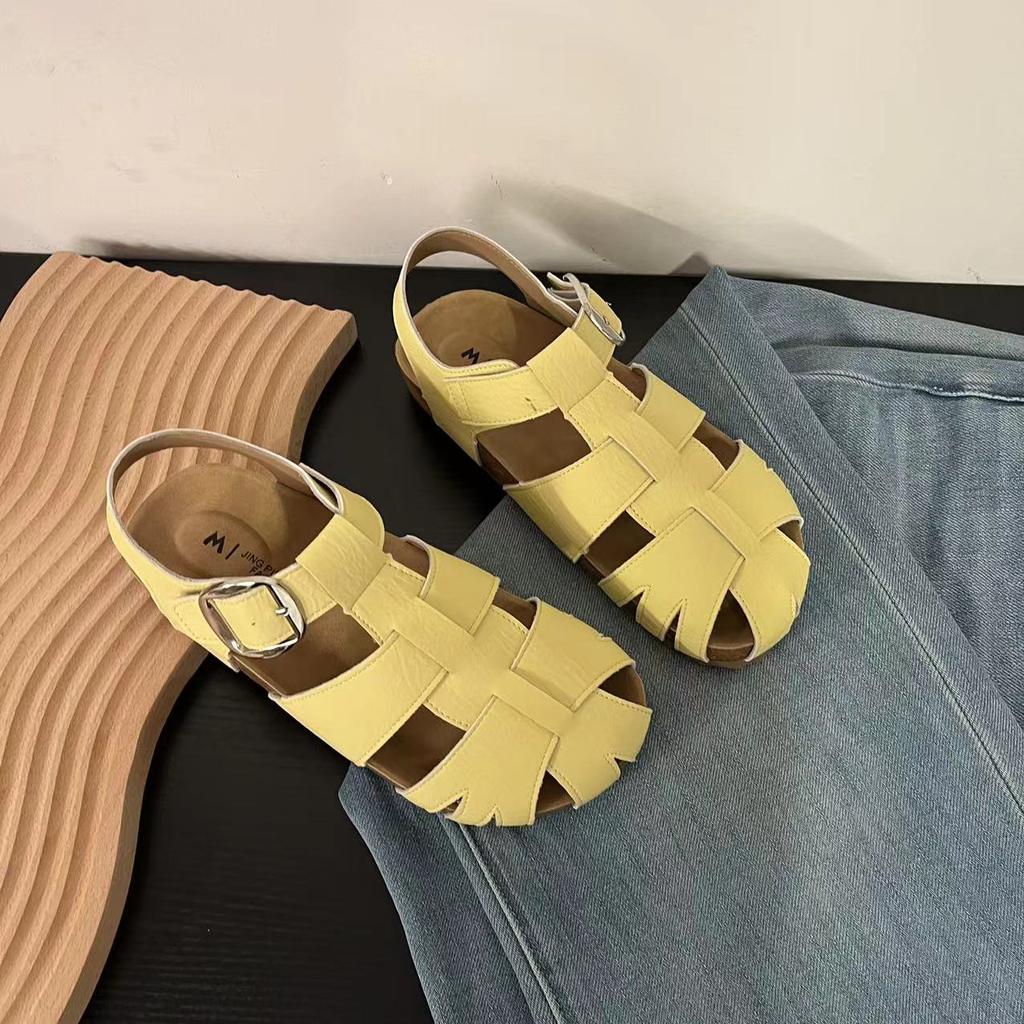 Fashion Women's Solid Color Retro Flat Sandals Summer Hollow Woven Baotou Roman Beach Shoes Versatile Soft Bottom Hole Shoes for Women