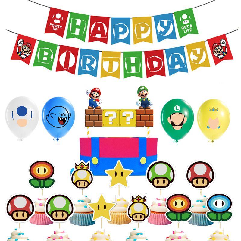 Super Mario Kids Birthday Party Decor Suit Supplies Balloon Banner Cake Topper