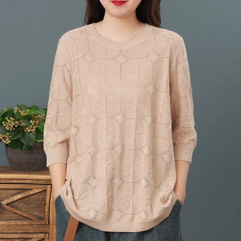 Autumn Round Neck Cotton Casual Loose Three-quarter Sleeve Knit Sweater Women Retro Literary Loose Thin T-shirt Women