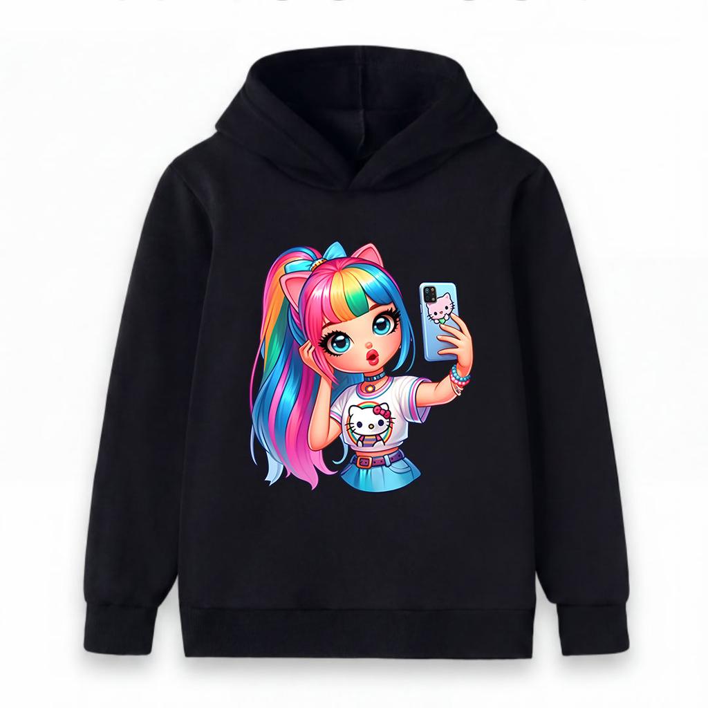 Kids Boys Girls Cute Rainbow Hair Cat Ear Girl Print Pullover Hoodie Casual Long Sleeve Comfortable Hooded Sweatshirt For Daily School Outdoor Party