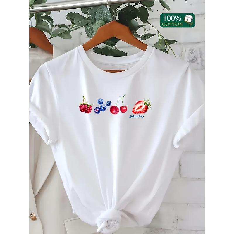 Europäische Größe 1 Stück Gemischte Früchte Grafik-T-Shirt, Lässiges Rundhals-Kurzarm-T-Shirt, Strickstoff mit leichter Dehnung