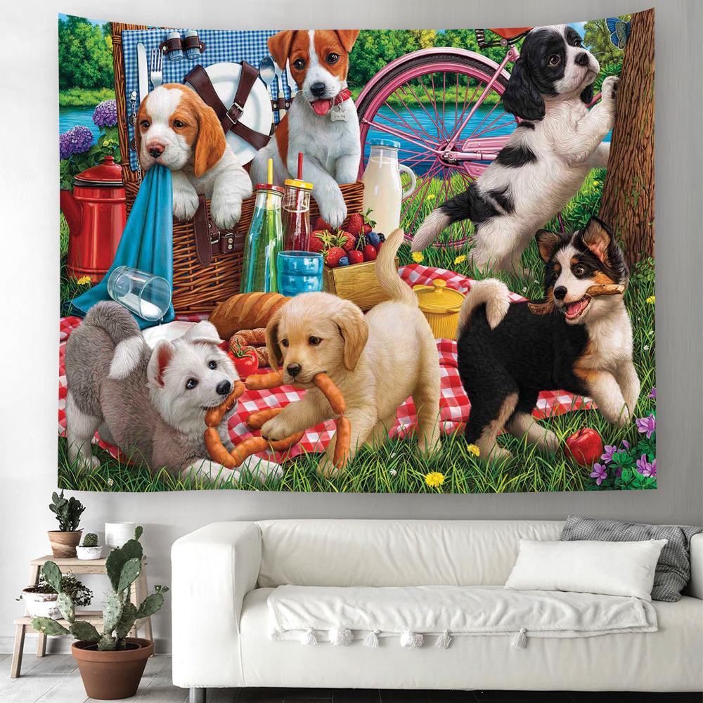 Cartoon Dog Tapestry Kawaii Puppy Wall Hanging Cloth Cute Pet Animal Home Bedroom Living Room Decorative Wall Rug Tapestry