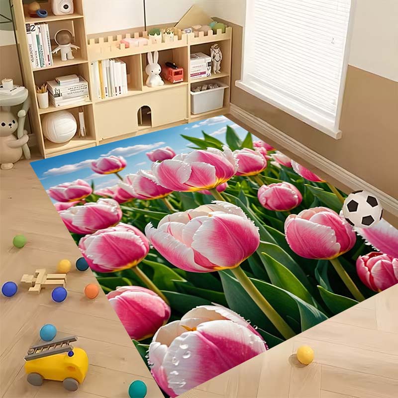 Luxurious Vintage Tulip Floral Pattern Floor Mat, Non-slip, Machine Washable, Suitable for Living Rooms, Bedrooms, and Home Déco