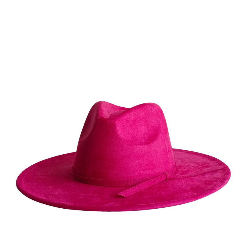 Chapeau Fedora Large Bord en Daim Foncé Hommes Femmes Automne Hiver Feutre Chapeaux Jazz Fedoras d'Église Classiques Chapeau Sombrero Femme 55 -58cm pink