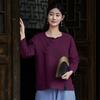 Spring & Autumn Retro Solid Color Cotton-Linen Zen Tea Top with Oblique Lapel & Frog Button