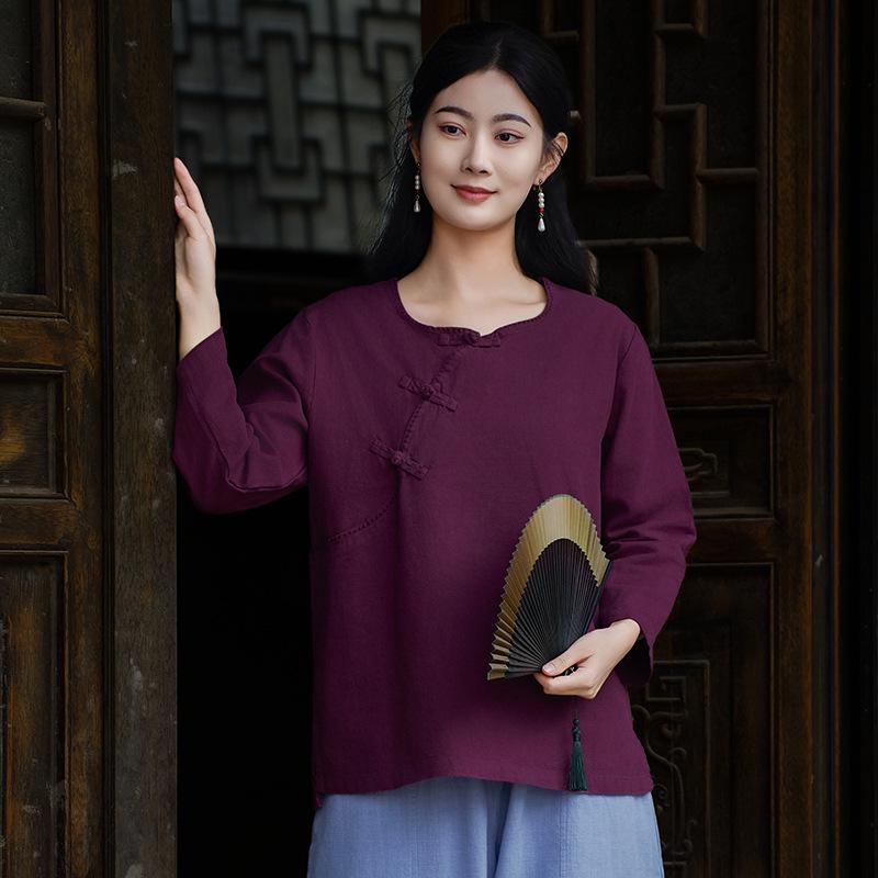 Spring & Autumn Retro Solid Color Cotton-Linen Zen Tea Top with Oblique Lapel & Frog Button
