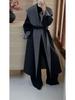 Cloud Floss Women's Double-Faced Wool Coat: Tie-Waist Hooded, Large Lapel, Loose Fit, Thickened Temperament Overcoat.