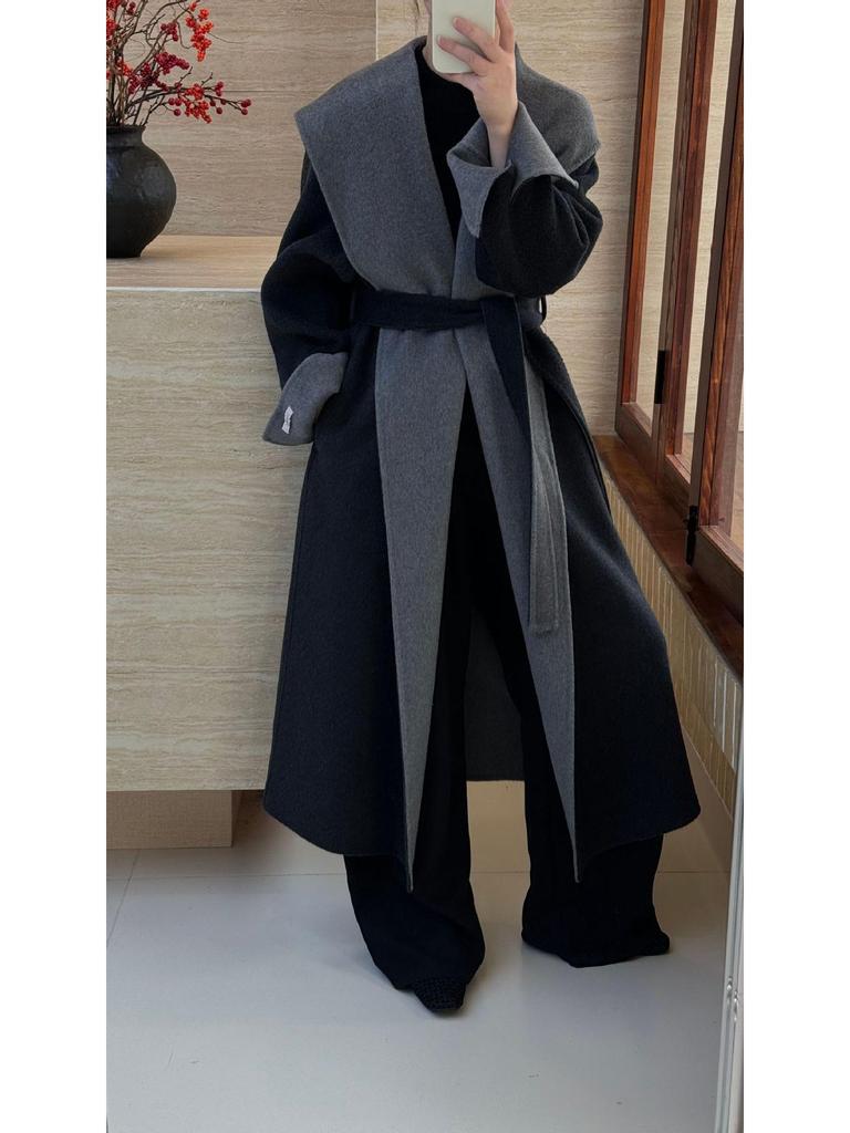 Cloud Floss Women's Double-Faced Wool Coat: Tie-Waist Hooded, Large Lapel, Loose Fit, Thickened Temperament Overcoat.