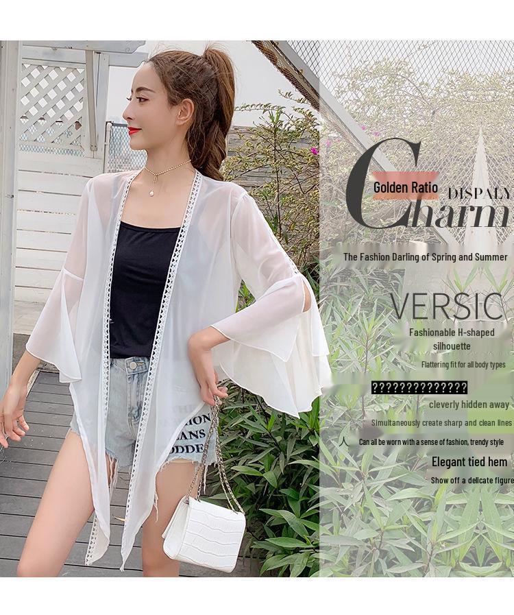 Women's Chiffon Sun Protection Cardigan - Loose, Versatile, Bell Sleeve, Trendy Outerwear