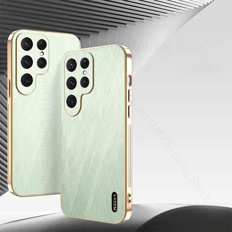 For Samsung S25 Ultra 5G Gold Silk Texture Leather Phone Case For Galaxy S24 FE S23 Ultra S22 Plus 6D Plating Bumper Back Cover