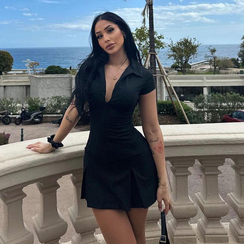 

2024 Western Style Zip-up Dress Women Slim fit A- line Pleat Short dress A- Shaped Short Skirt Black L