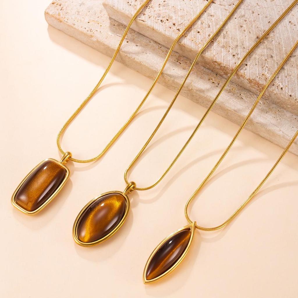 18K Gold Plated Geometric Tiger Eye Stone Necklace - Retro Personality, Colorfast Stainless Steel Sweater Chain