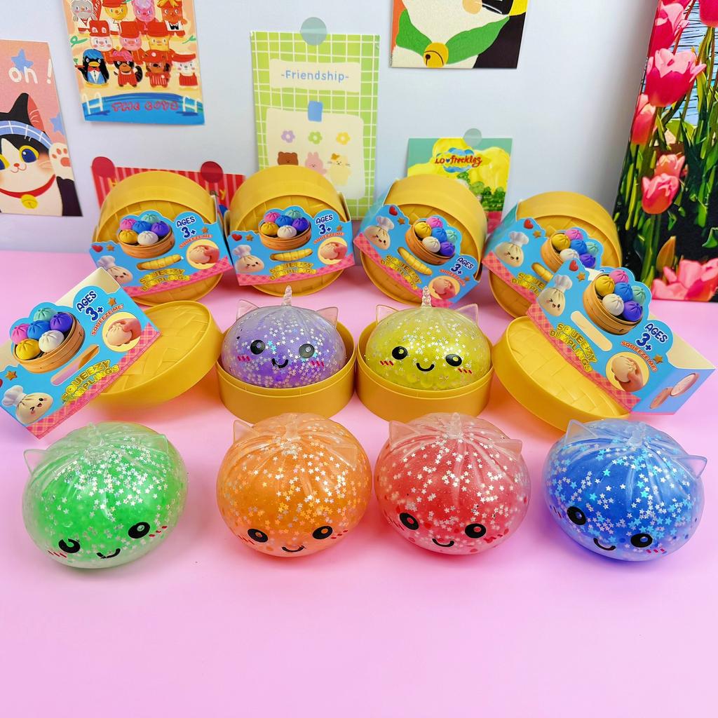 Einhorn Edition Regenbogen Perlen Knödel Squishy Knetspielzeug Bunt Perlengefülltes Knet-Stressabbau-Spielzeug mit Bambus-Dampfkorb-Hülle