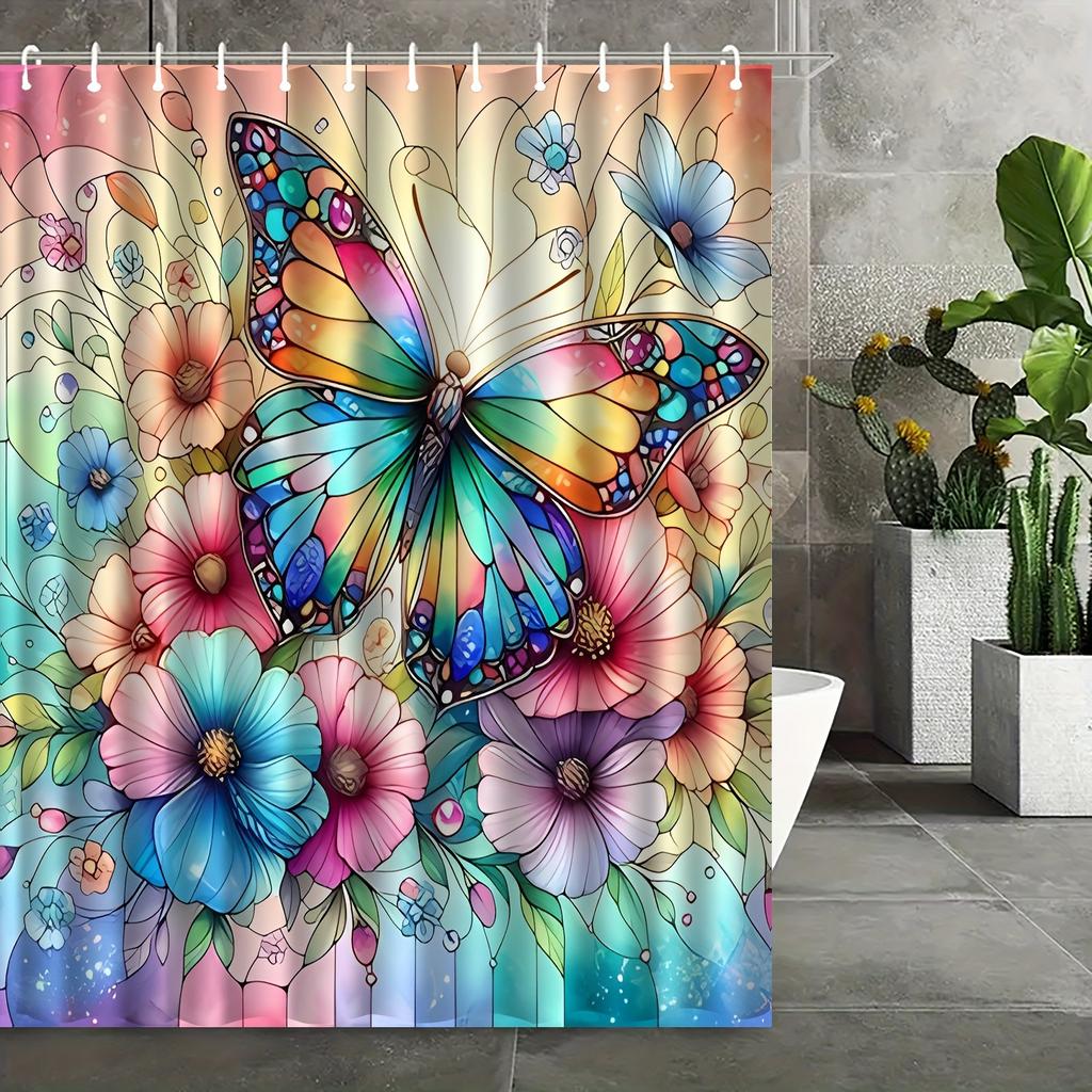 Vibrant Stained Glass Butterfly & Floral Waterproof Shower Curtain - Colorful Artistic Design For Lively Bathroom Décor