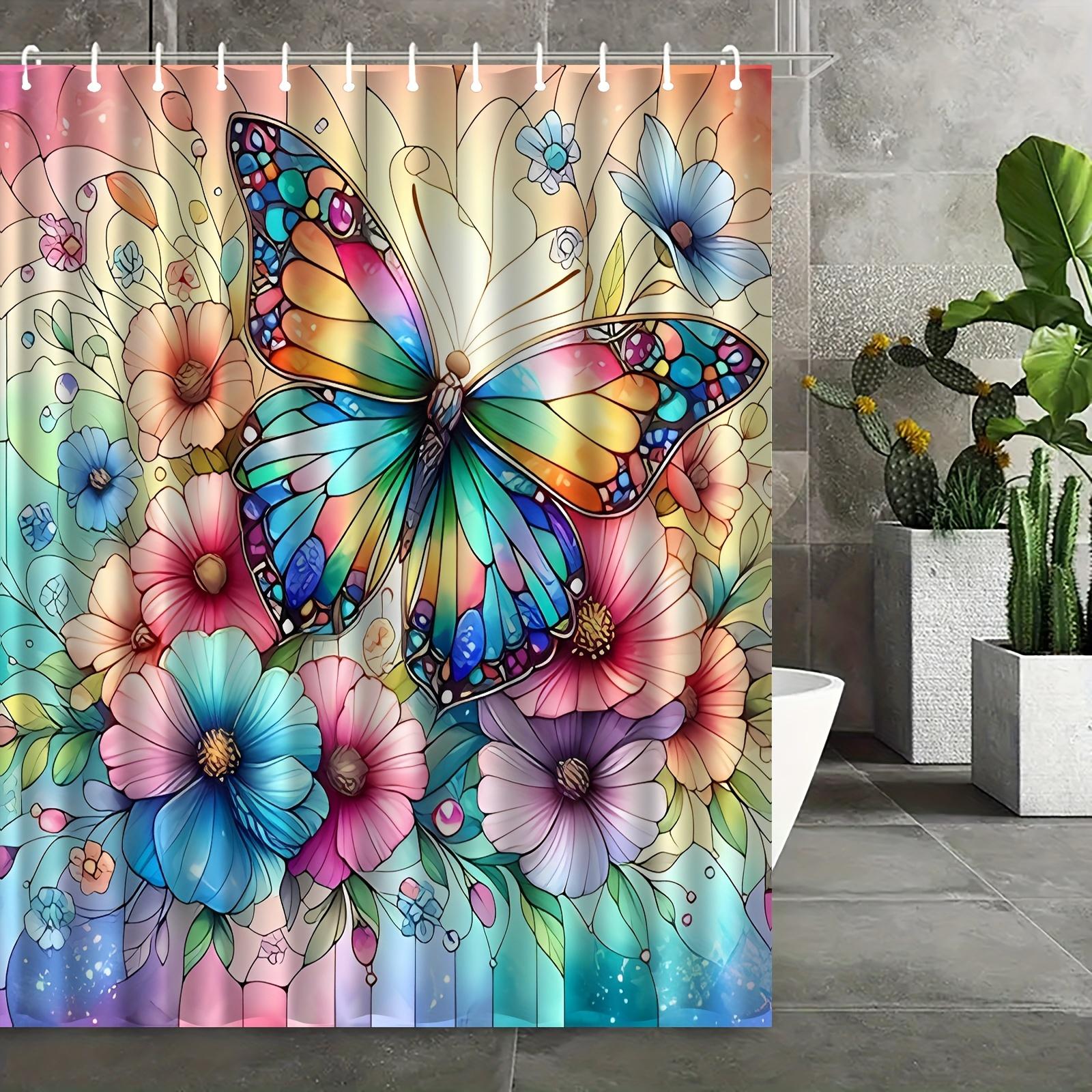 

Vibrant Stained Glass Butterfly & Floral Waterproof Shower Curtain - Colorful Artistic Design For Lively Bathroom Décor W90XH180cm