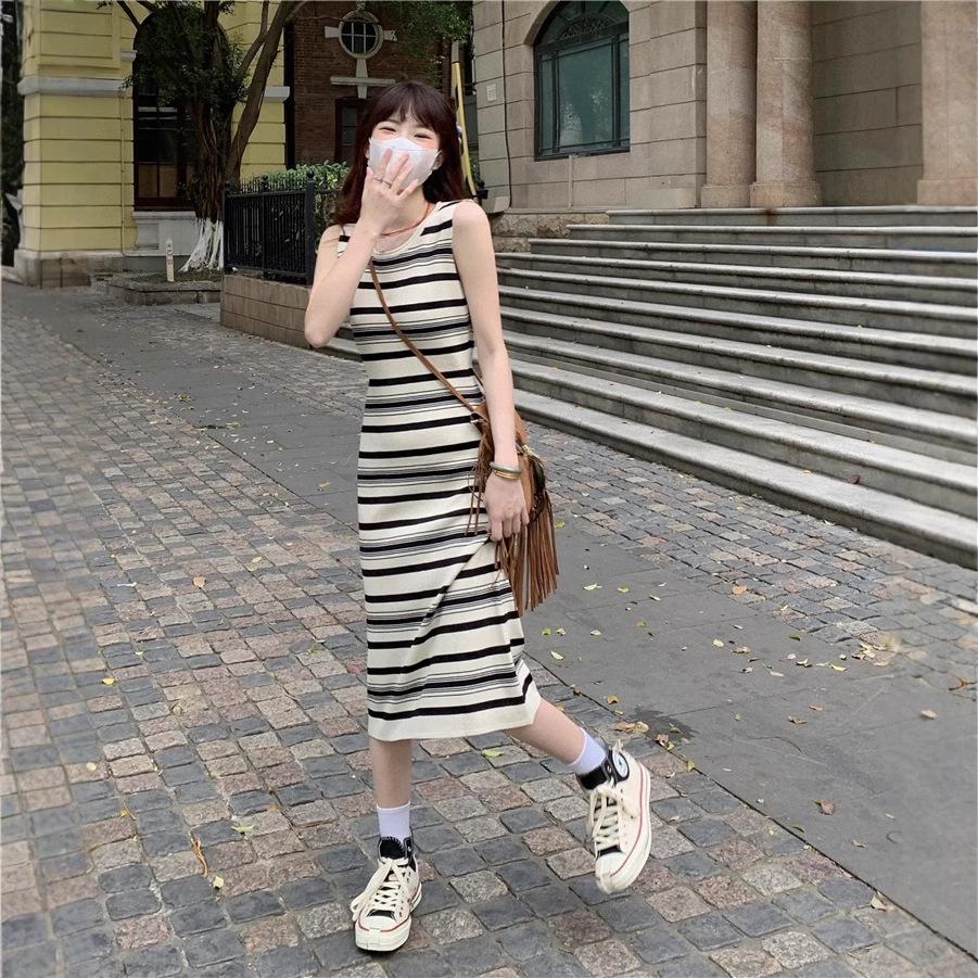 2025 Korean Style Chic Striped Sleeveless Midi Vest Dress for Women - Slim Fit