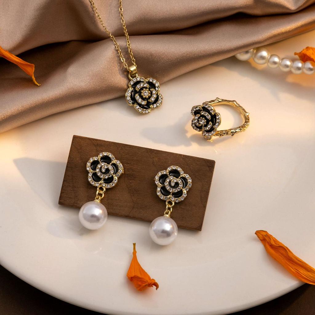 French Retro Exquisite Camellia Necklace Ring Set, Light Luxury Metal Design Pearl Earrings Set For Women